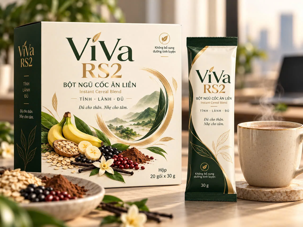 Hộp ngũ cốc ViVa RS2 đặt bên cạnh nguyên liệu